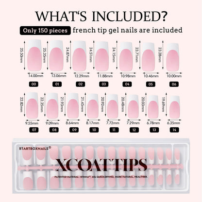 BTArtboxnails XCOATTIPS White French Tip Press-On Nails – Pink Long Square Tips, Soak-Off Extensions