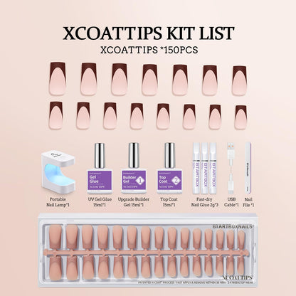 BTArtboxnails XCOATTIPS Nails Press Ons – Skin Tone Square Long Gel Tips, All-in-One French Manicure Kit