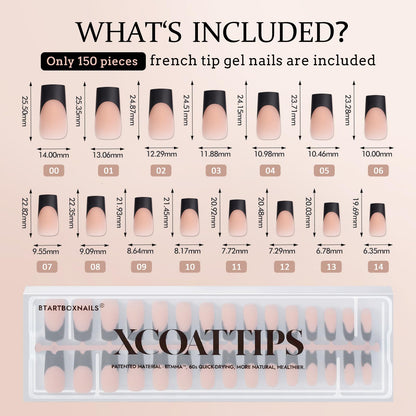 BTArtboxnails XCOATTIPS French Tip Nails – Long Press On Nails, Black Square Tips