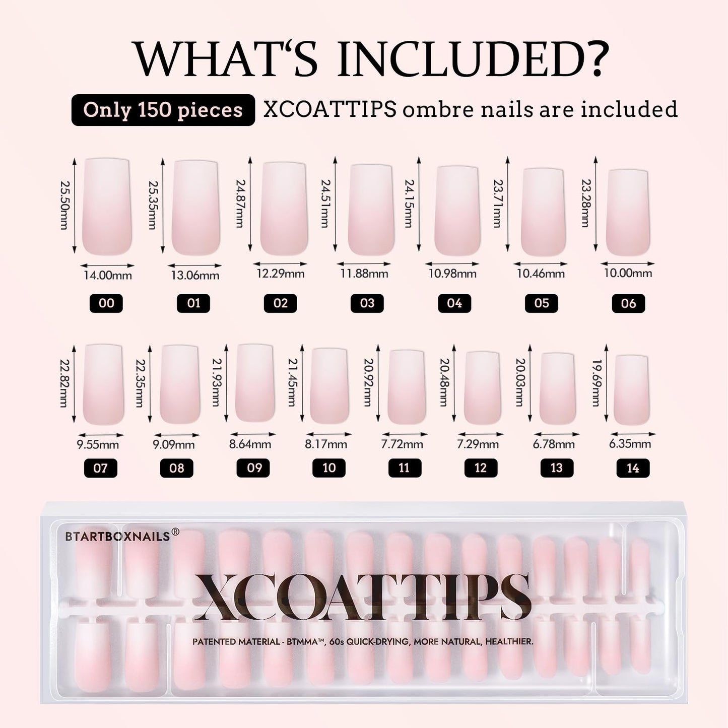 BTArtboxnails XCOATTIPS Ombre Nails – 150 Pcs, Pink–White Gradient