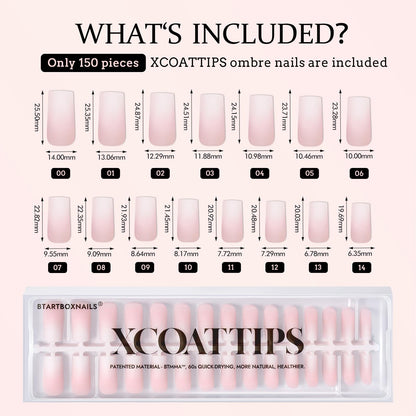 BTArtboxnails XCOATTIPS Ombre Nails – 150 Pcs, Pink–White Gradient