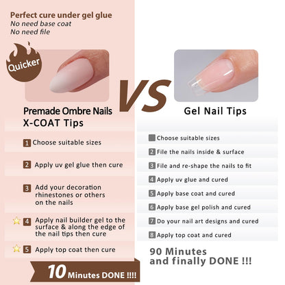 BTArtboxnails XCOATTIPS Ombre Nails - Short Almond Press-On, 160Pcs, 16 Sizes