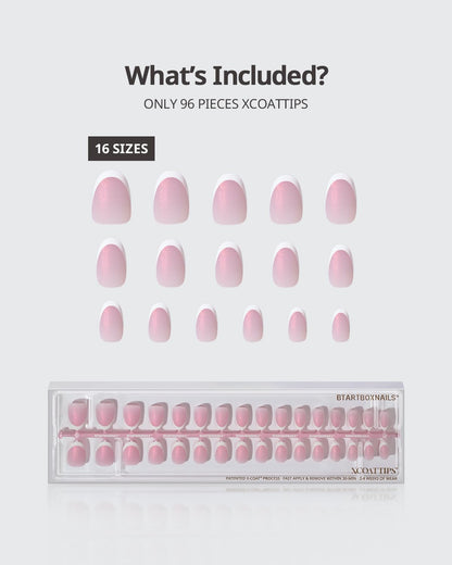 BTArtboxNails XCOATTIPS French Tip Press On Nails – Pink Glitter Base, Short Oval, 96 Pcs, 16 Sizes