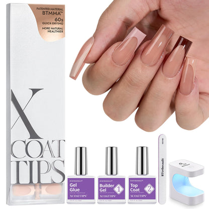 BTArtboxnails XCOATTIPS Nails Press Ons – Skin Tone Square Long Gel Tips, All-in-One French Manicure Kit