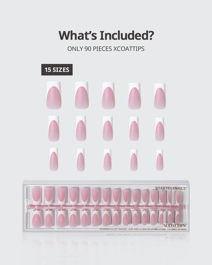 BTArtboxnails XCOATTIPS French Tip Press On Nails – Pink Glitter Base, Long Square, 90 Pcs