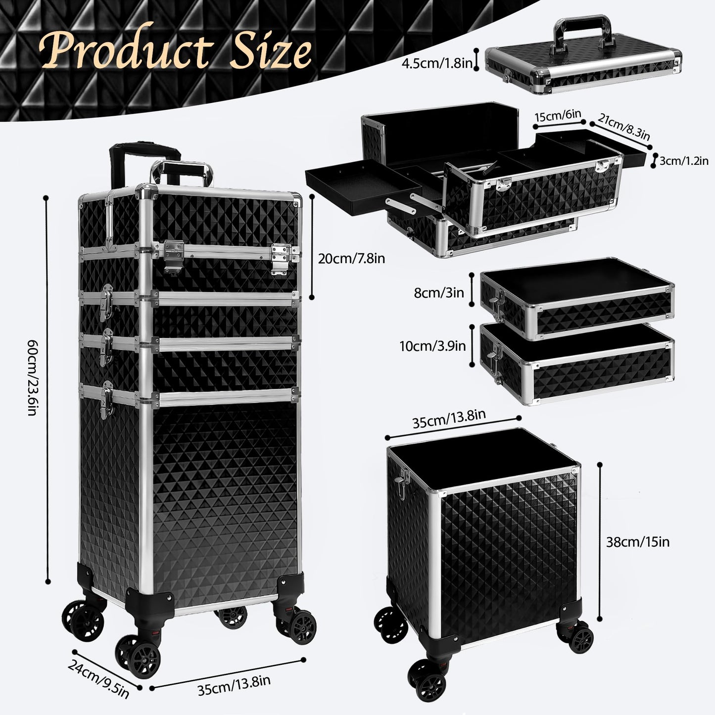 Buanson 5-in-1 Rolling Makeup Train Case — Large Professional Cosmetic Trolley on Wheels (Black)