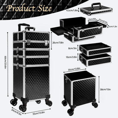 Buanson 5-in-1 Rolling Makeup Train Case — Large Professional Cosmetic Trolley on Wheels (Black)