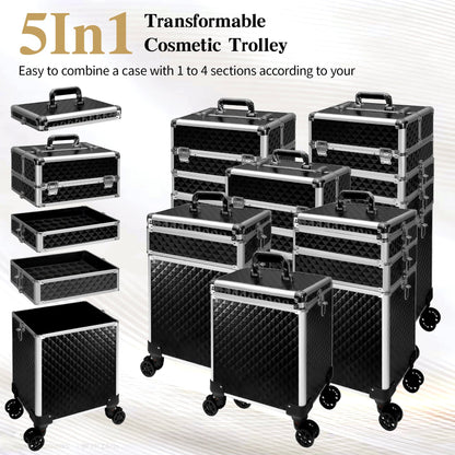 Buanson 5-in-1 Rolling Makeup Train Case — Large Professional Cosmetic Trolley on Wheels (Black)