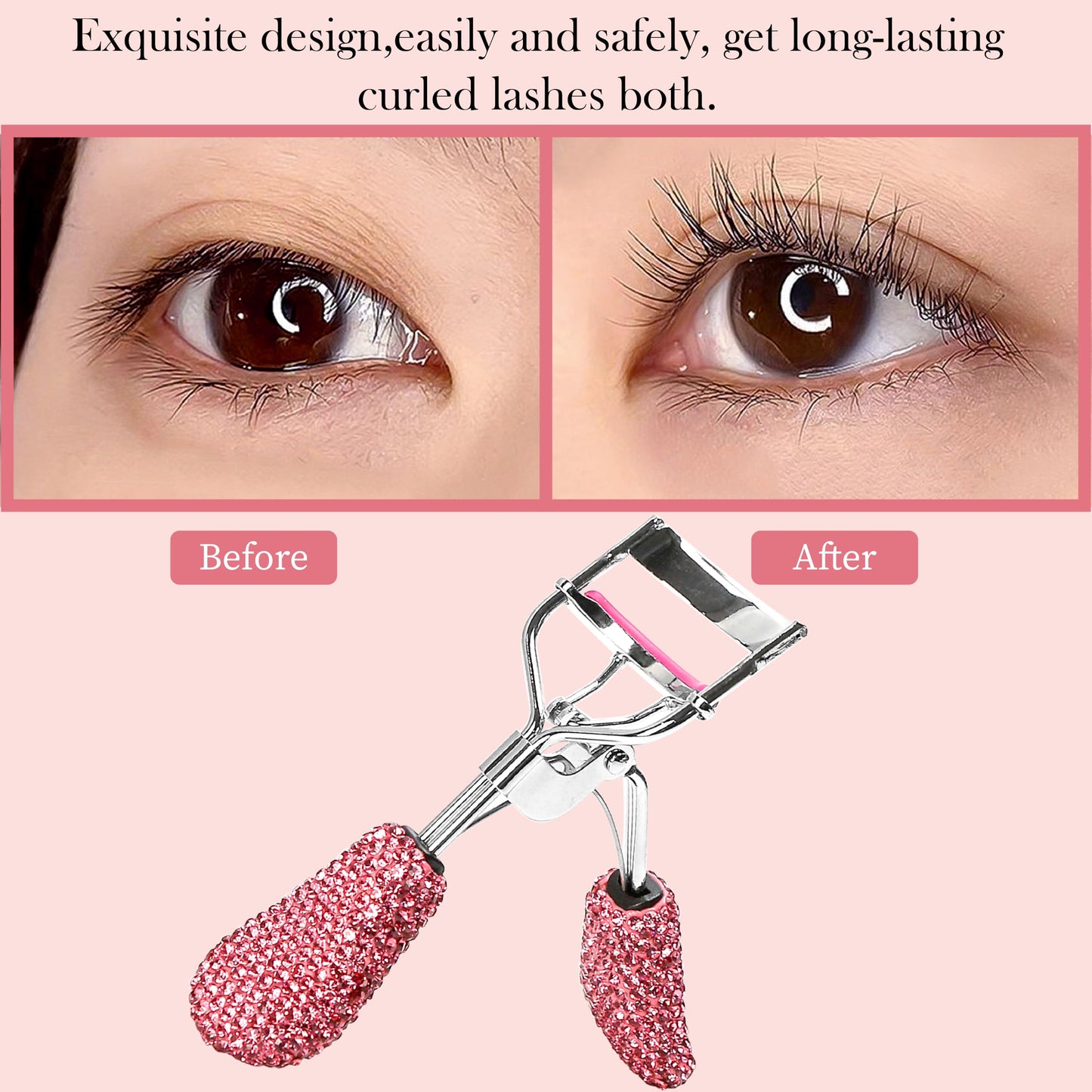 BuleVina Pink Lash Curler with Slant Tip Tweezer – Crystal Rhinestone Lash Curlers