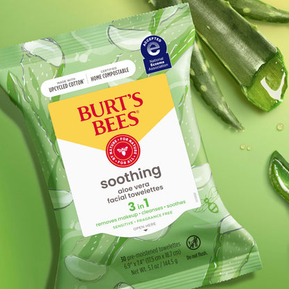 Burt's Bees Aloe Vera Face Wipes for Sensitive Skin | Soothing Makeup Remover & Facial Cleansing Towelettes, 30 Count (Pack of 3)