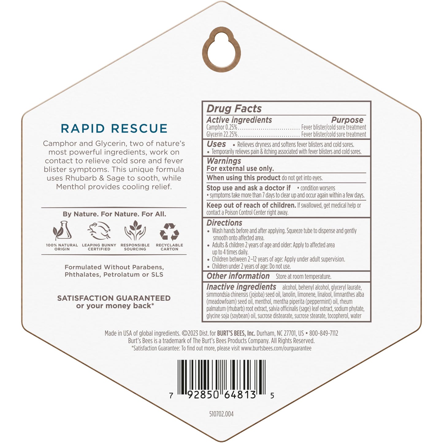 Burt's Bees Cold Sore Treatment with Rhubarb & Sage Complex | 0.07 oz | Natural Origin