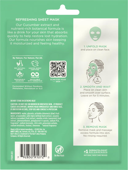 Burt's Bees Refreshing Sheet Mask with Cucumber – Pack of 6 | 99% Natural Origin, Leaping Bunny Certified