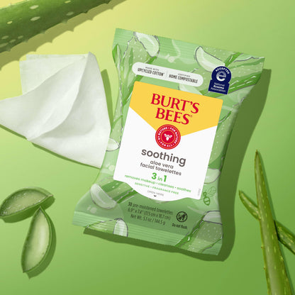Burt's Bees Aloe Vera Face Wipes for Sensitive Skin | Soothing Makeup Remover & Facial Cleansing Towelettes, 30 Count (Pack of 3)