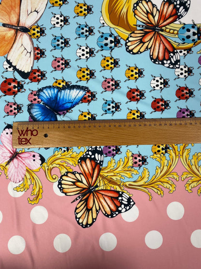 Butterflies Pink Polka Dot Fabric by the Metre