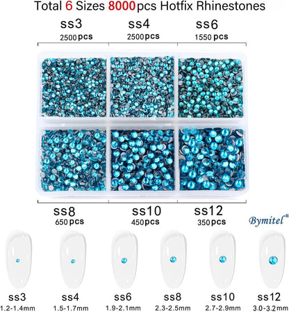 Bymitel Blue Zircon Hotfix Rhinestones – 8000 Pcs, 6 Sizes SS3-SS12 + Wax Pencil