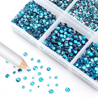 Bymitel Blue Zircon Hotfix Rhinestones – 8000 Pcs, 6 Sizes SS3-SS12 + Wax Pencil