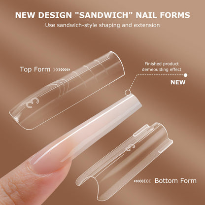 C12rtive Sandwich Nails Dual Forms | 280Pcs Long Square Reusable Nail Extension Forms with Silicone Polygel Stick