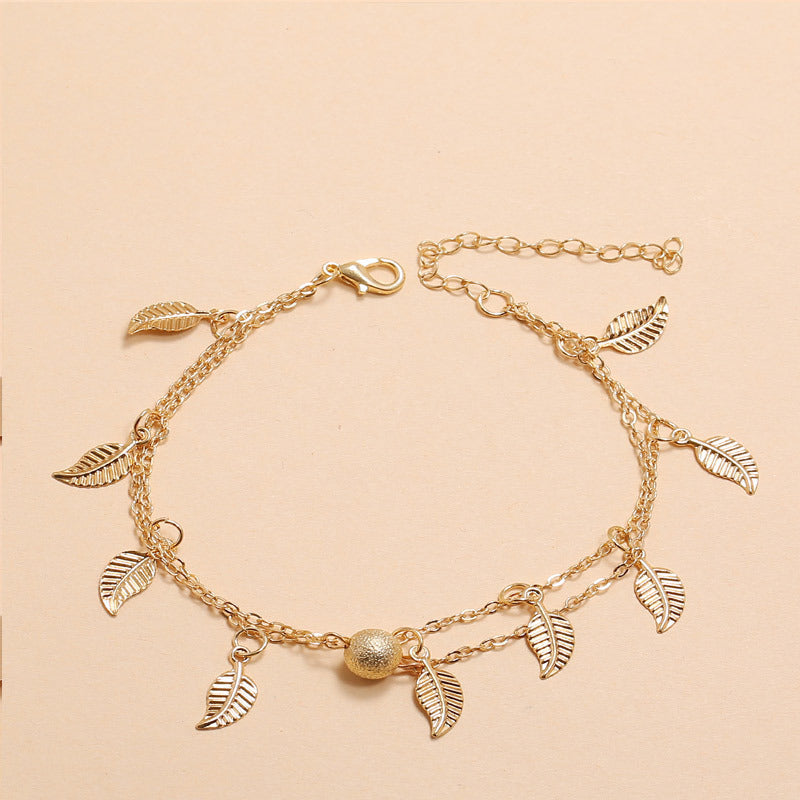 Round Beads, Small Leaves And Tassel Double-Layer Anklet