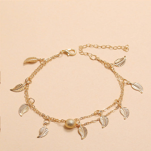 Round Beads, Small Leaves And Tassel Double-Layer Anklet