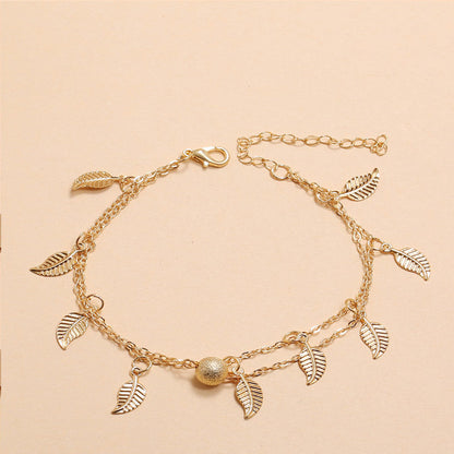 Round Beads, Small Leaves And Tassel Double-Layer Anklet