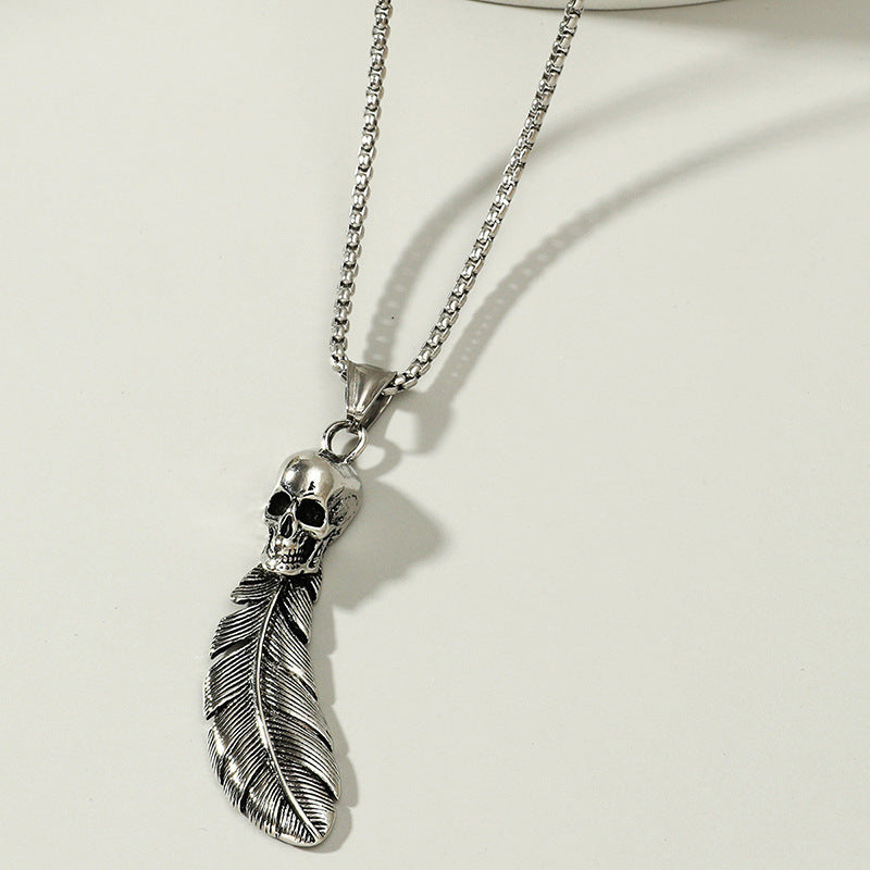 Gothic Skull Feather Pendant Necklace