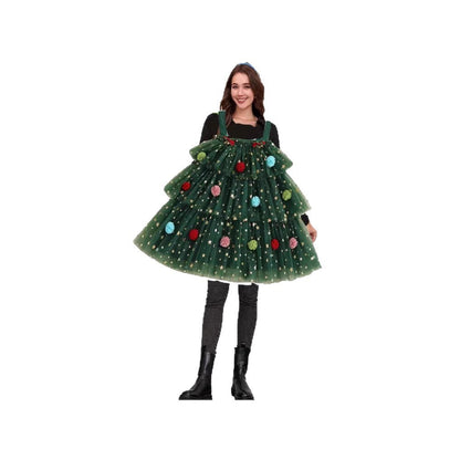 Green Mesh Polka Dot Colorful Ball Decorative Multi-layer Tiered Dress