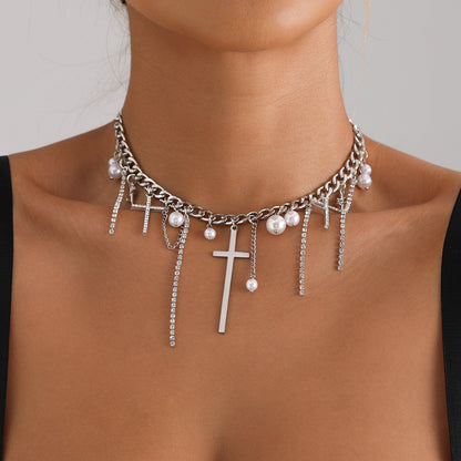 Cross Tassel Pearl Collarbone Chain Necklace