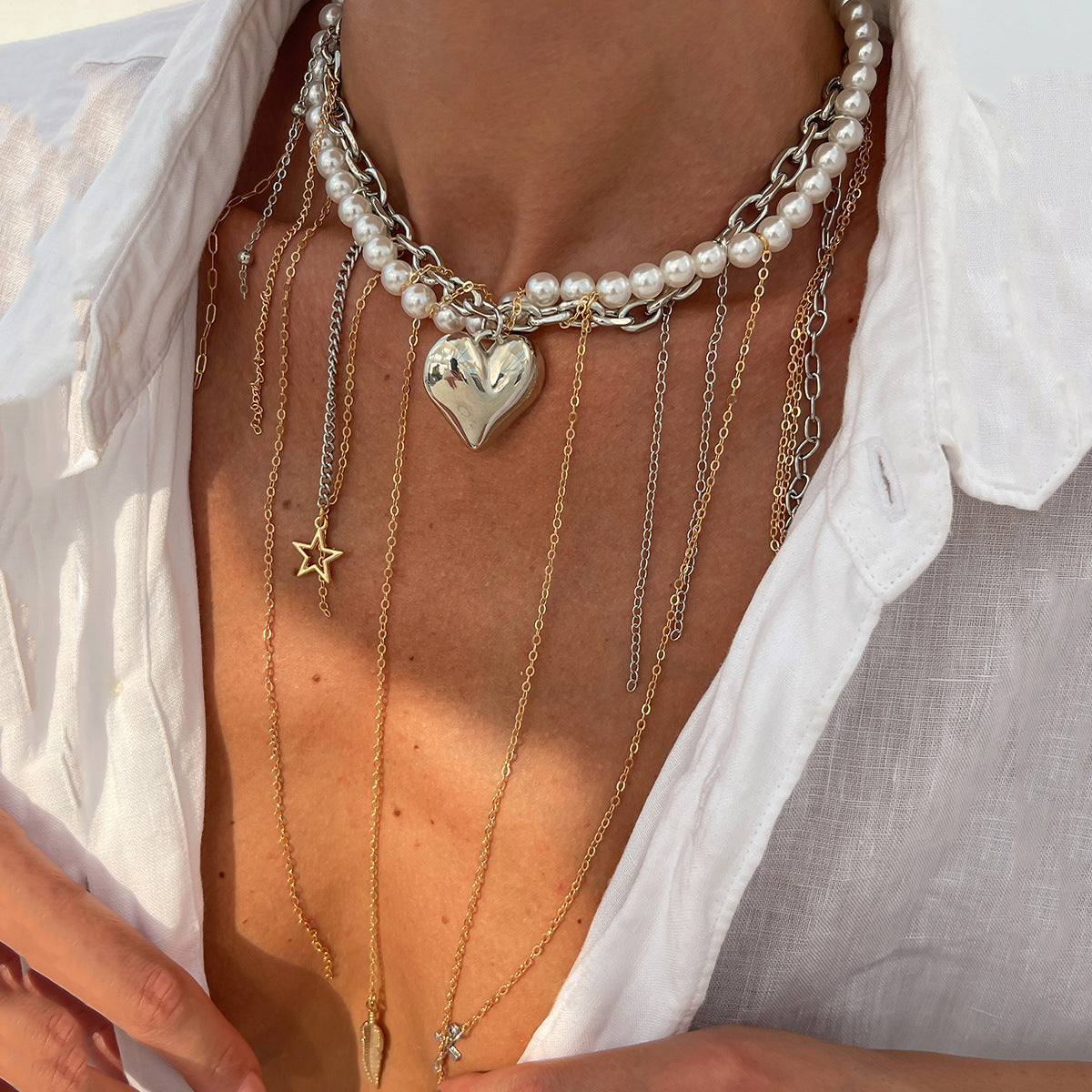 Metal Star Moon Tassel Necklace