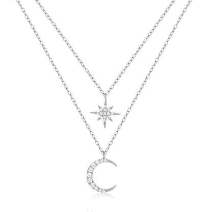 Double Layer Twin Diamond Star and Moon Necklace