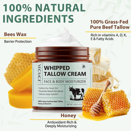 Cacukn Whipped Beef Tallow – Organic Facial Moisturizer with Grass-Fed Tallow & Raw Honey (4.2 oz)