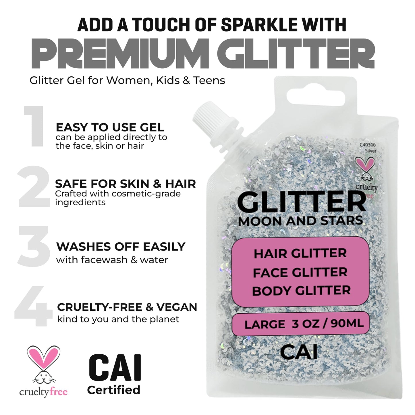 CAI BEAUTY NYC Face, Hair & Body Glitter Gel – Moon & Stars, 3 oz, 2-Pack