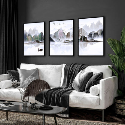 Framed Art Work | Calming Set of 3 Living Room Prints