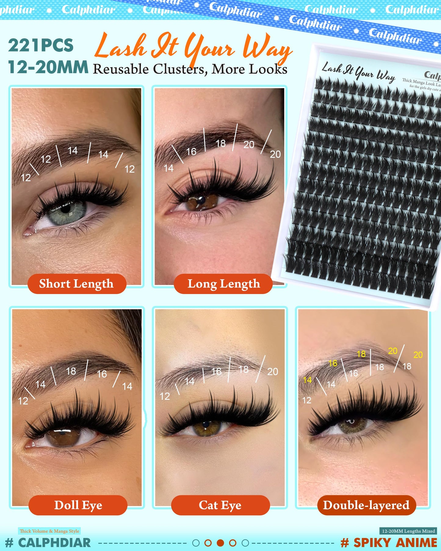 Calphdiar Lash Extension Kit 200D Manga Lash Clusters – DIY 12–20mm Spiky Wispy Lashes