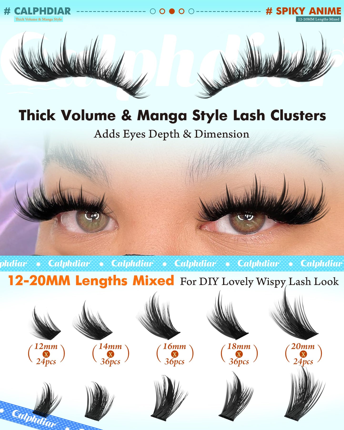 Calphdiar Lash Extension Kit 200D Manga Lash Clusters – DIY 12–20mm Spiky Wispy Lashes