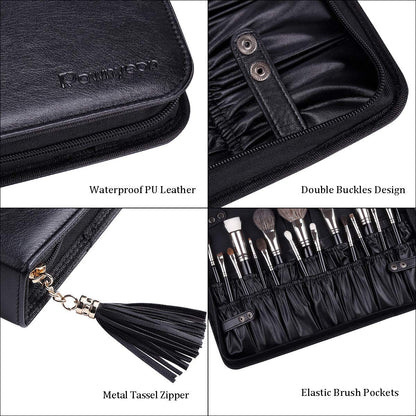 Camdeez Rownyeon Professional Makeup Brushes Organizer Bag – Leather Travel Case, Black