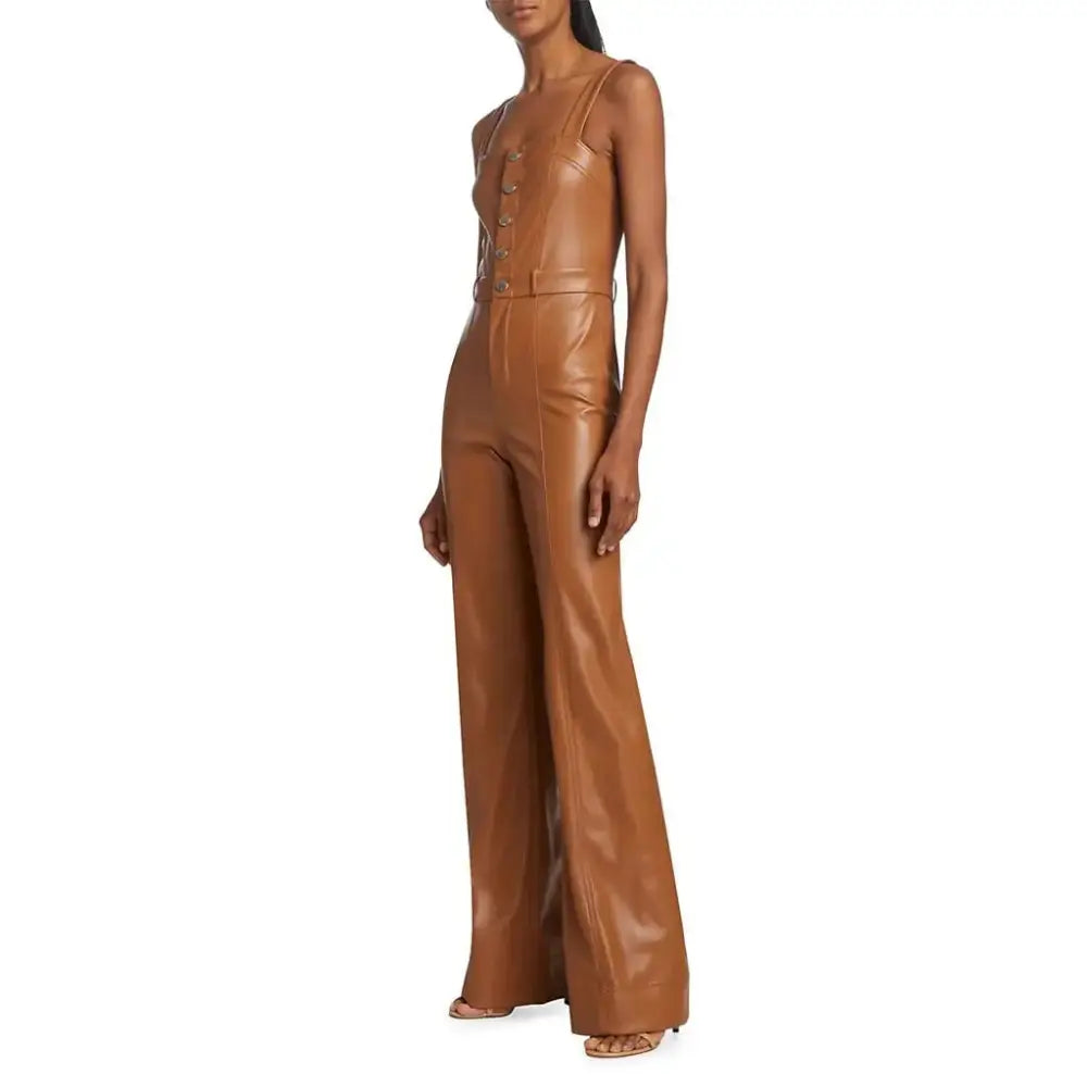 Women’s Camel Brown Buttoned Front Vegan Leather Jumpsuit