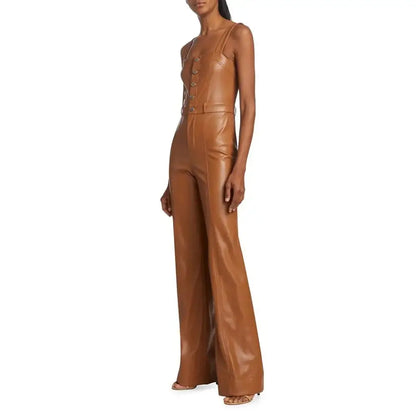 Women’s Camel Brown Buttoned Front Vegan Leather Jumpsuit