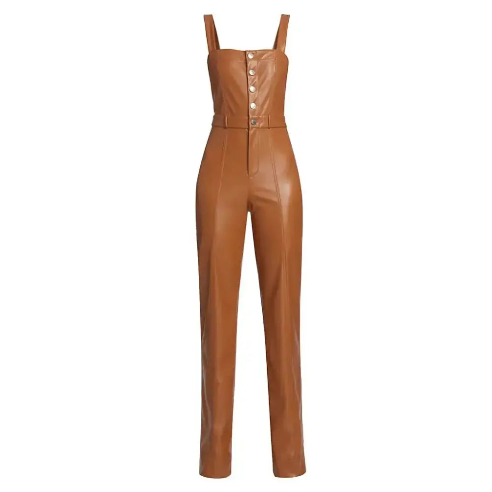 Women’s Camel Brown Buttoned Front Vegan Leather Jumpsuit