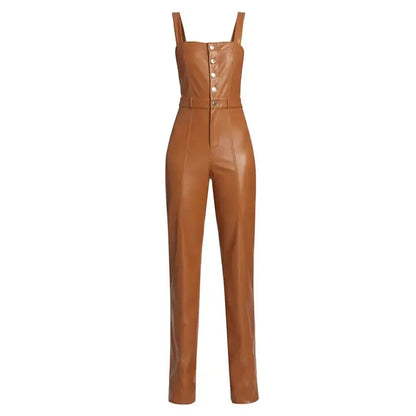 Women’s Camel Brown Buttoned Front Vegan Leather Jumpsuit