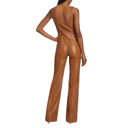 Women’s Camel Brown Buttoned Front Vegan Leather Jumpsuit