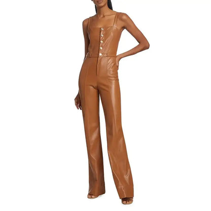 Women’s Camel Brown Buttoned Front Vegan Leather Jumpsuit