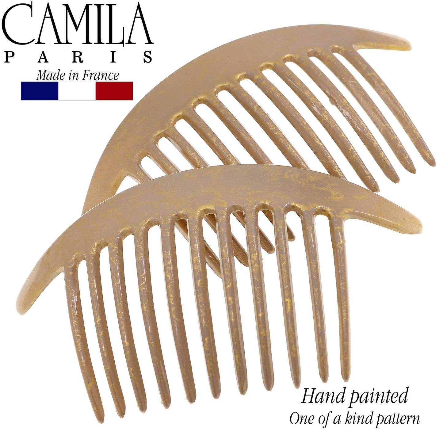 Camila Paris CP2941 French Hair Side Combs – Beige Pearl Interlocking Clips for Elegant Updos | Made in France