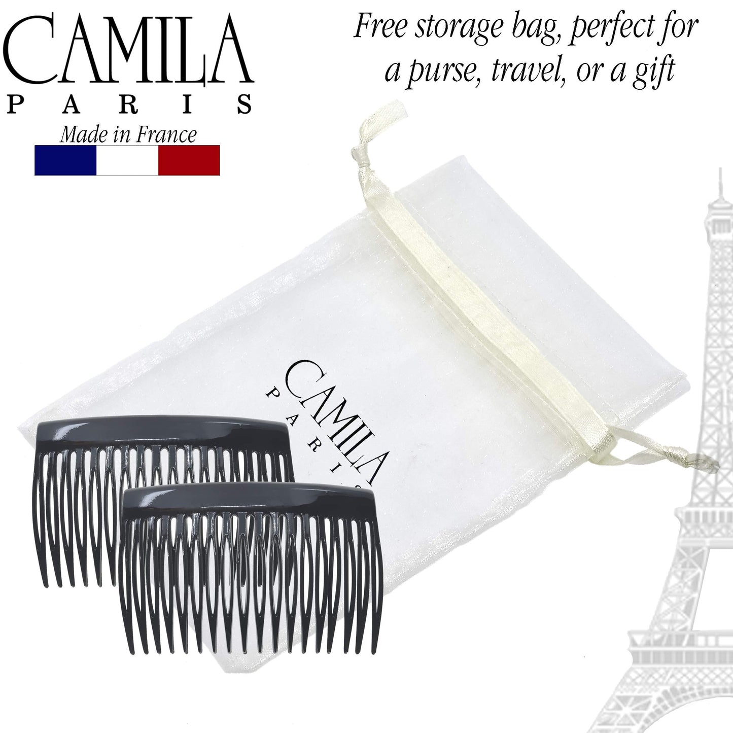 Camila Paris CP2946 French Hair Side Comb – Small, Rounded Black | Strong Hold Hair Clips
