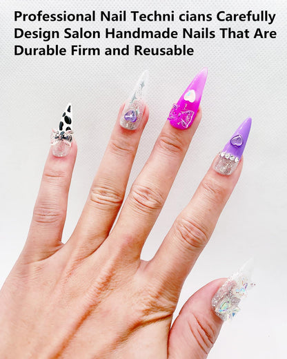 CAMILCY Press On Nails – Handmade Luxury Reusable Nails (Long Almond, Armor Tip, Silver Pink Diamonds)