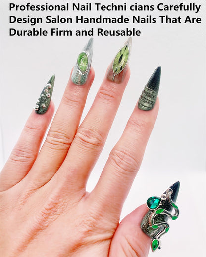 CAMILCY Press On Nails | Handmade Luxury Reusable Nails – Long Almond, Black Diamonds, Hand Painted, GelUV Finish (A038, S)