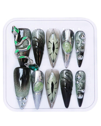 CAMILCY Press On Nails | Handmade Luxury Reusable Nails – Long Almond, Black Diamonds, Hand Painted, GelUV Finish (A038, S)