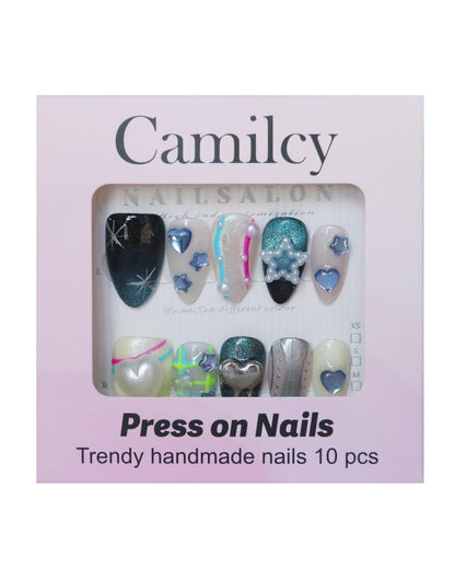 CAMILCY Press On Nails – Handmade Luxury Short Almond, Reusable 10pcs
