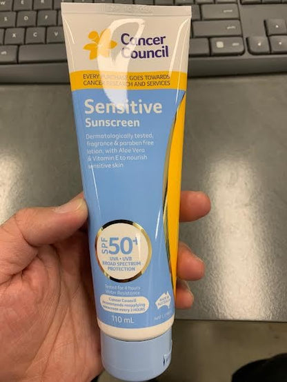 Cancer Council Australia Sensitive Sunscreen SPF50+ 110 ml – Fragrance-Free, Dermatologist Tested