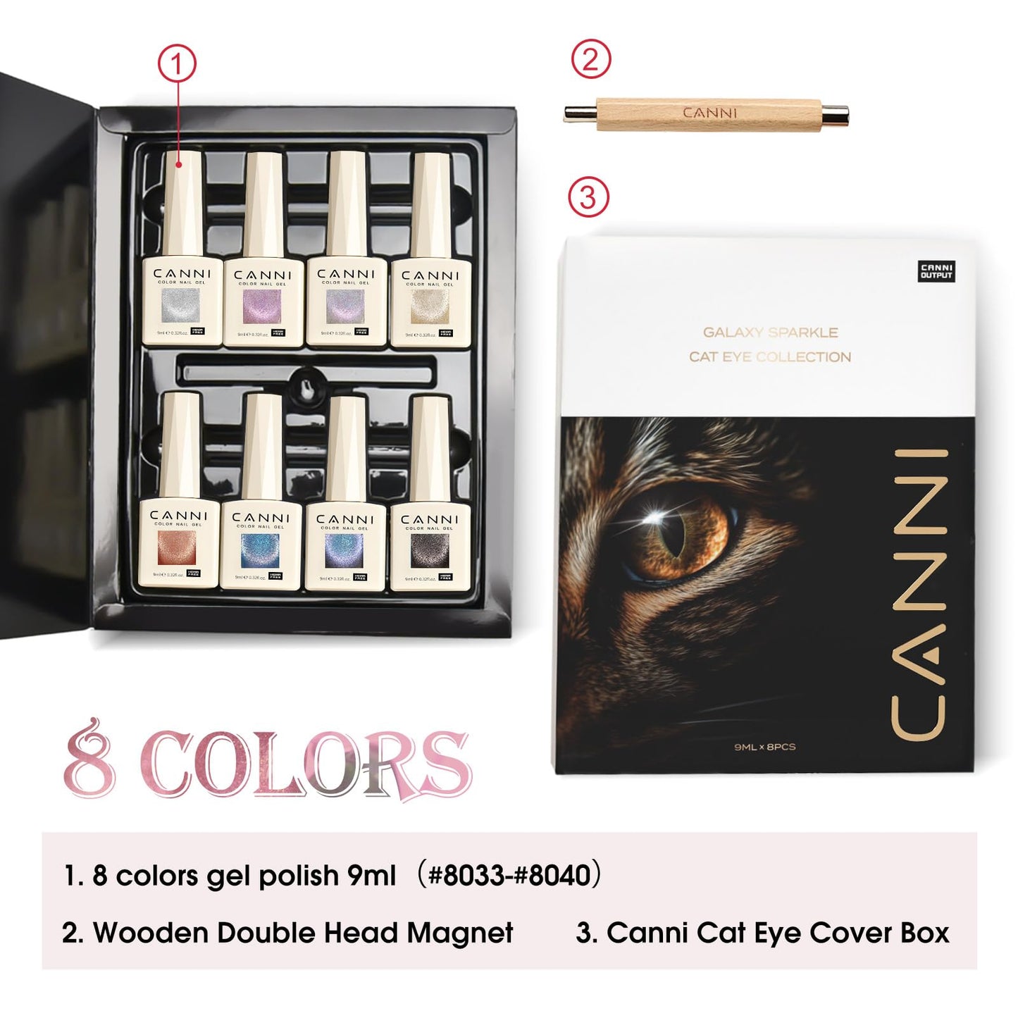 CANNI 8 Pcs 9ml Cat Eye Gel Nail Polish Set – Magnetic Shimmer Colors for DIY Salon Manicures