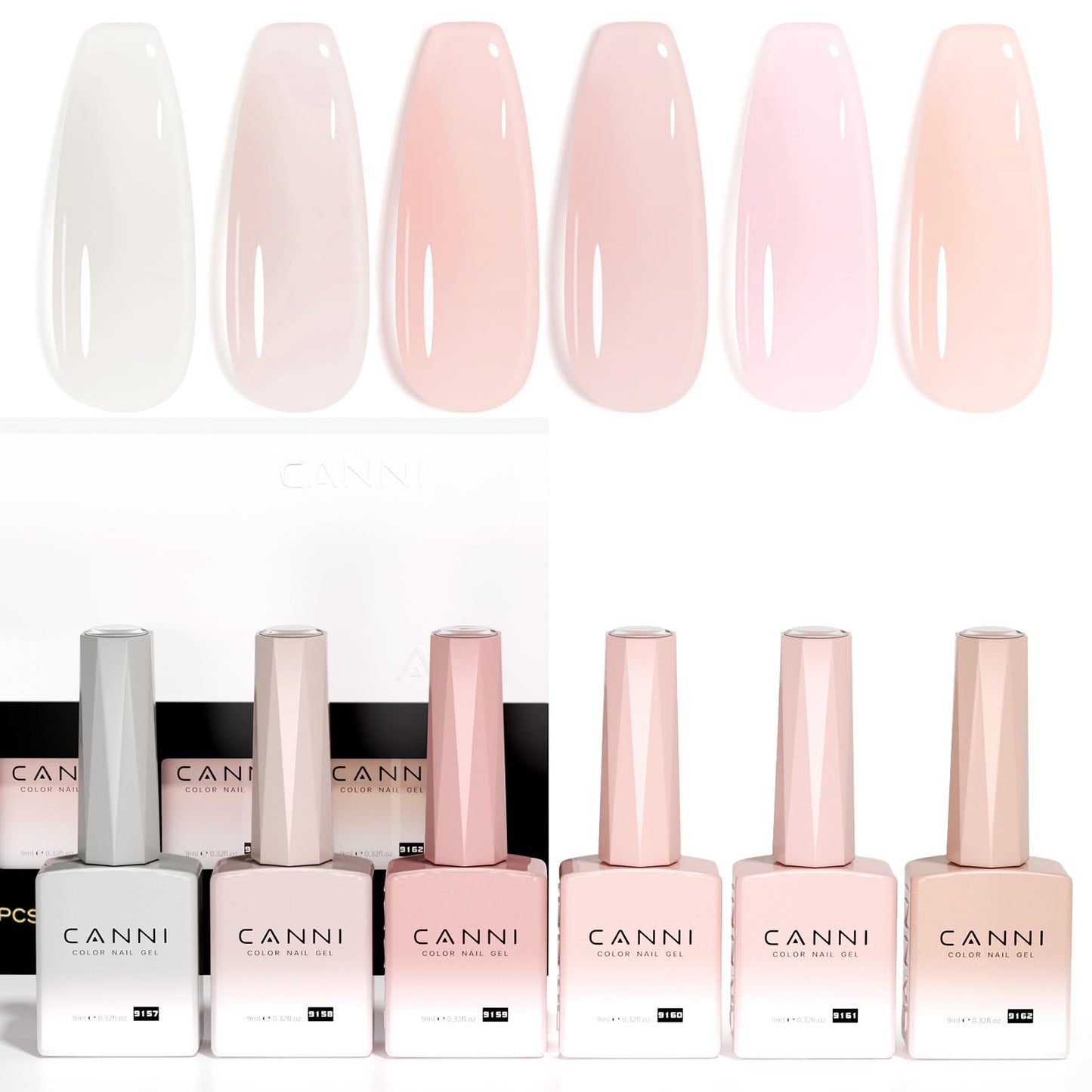 CANNI Jelly Nude Pink Gel Nail Polish Set – 6x9ml Soak-Off LED Gel Kit, Neutral Milky Shades